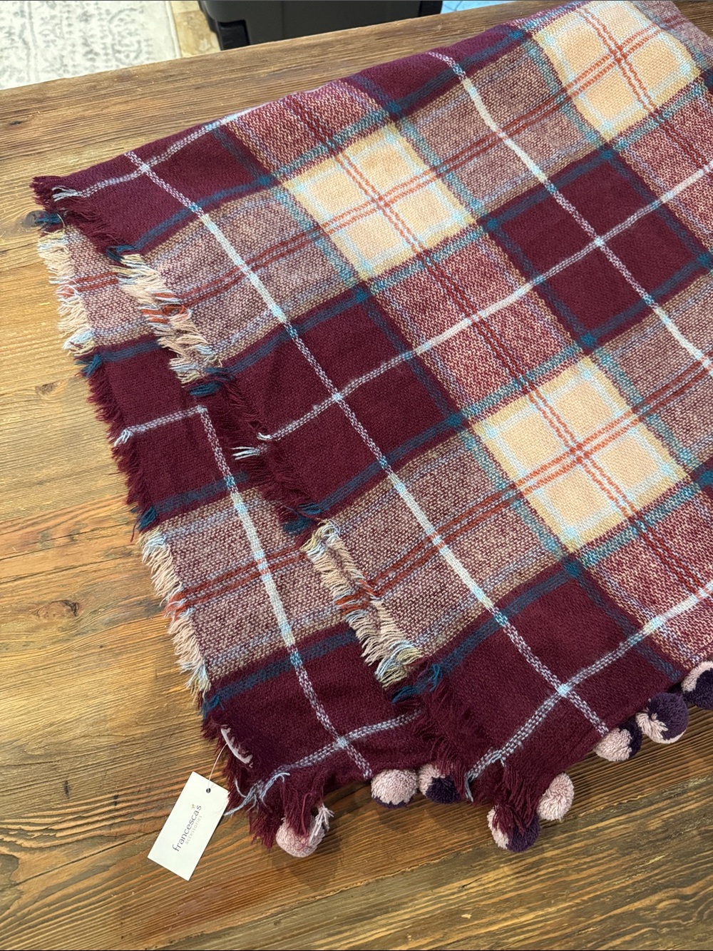 Francesca's Collections Burgundy Plaid Wrap with Pom Trim